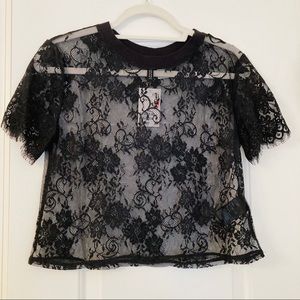 H&M Black Lace Short-Sleeve Crop Top